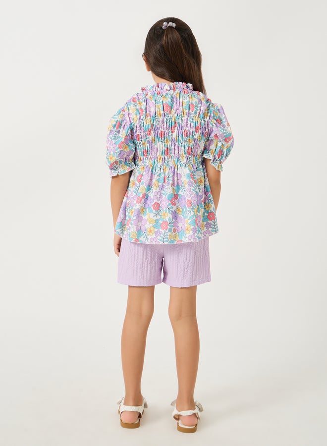 Styli Printed Smocked Detail Top and Shorts Set  - Image 5