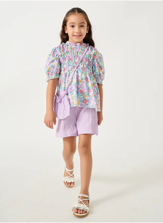 ستايلي Printed Smocked Detail Top and Shorts Set