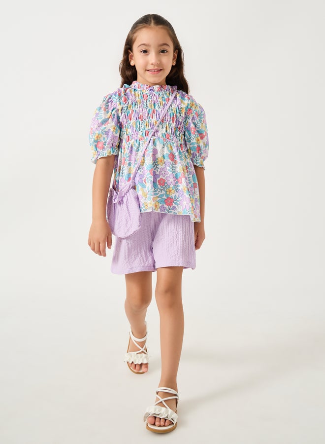 Styli Printed Smocked Detail Top and Shorts Set  - Image 1