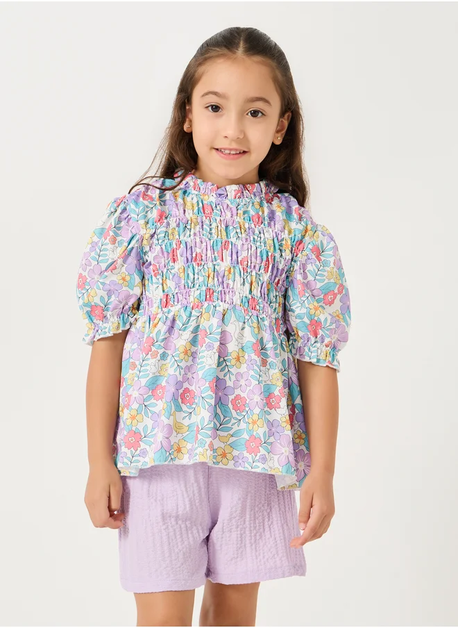 ستايلي Printed Smocked Detail Top and Shorts Set