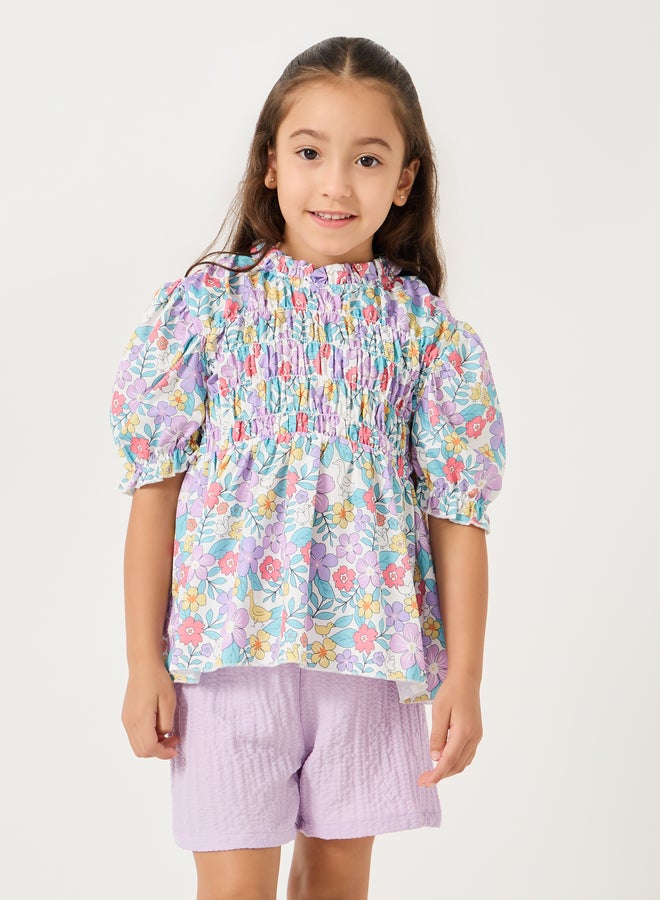 Styli Printed Smocked Detail Top and Shorts Set  - Image 2