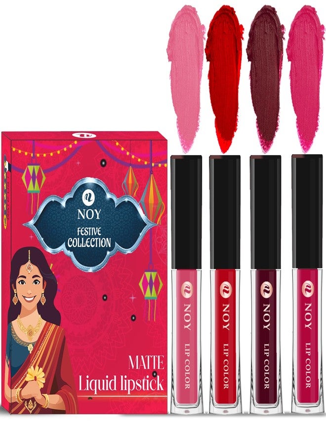 Noy Festival Collection 4 Liquid Matte Lipstick Set Peach, Red, Maroon, Magenta Shades - Image 1