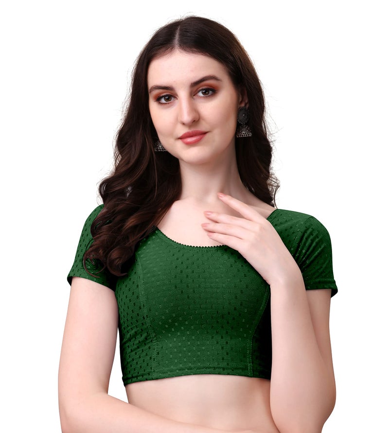 Kipzy Women's Cotton Stretchable Saree Blouse – Round Neck, Short Sleeves, Readymade Slim Fit Blouse for Women 36 Green - Image 1
