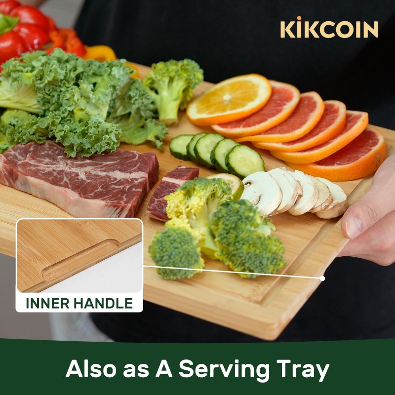 Kikcoin 20â€Ã—14â€ Bamboo Cutting Boards for Kitchen, Wooden Healthy Cutting Boards for Charcuterie, Vegetables, Cheese, Bread, Extra Large Chopping Boards with Deep Juice Groove and Handle, Natural - Image 5