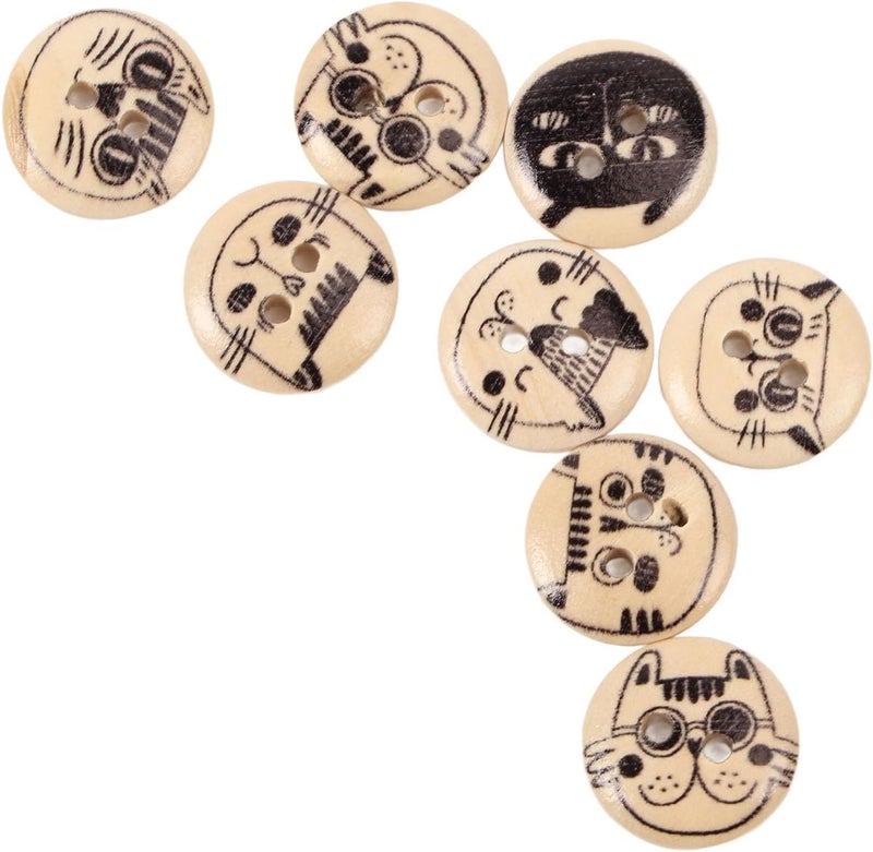 HEEPDD 500Pcs Round Knitting Buttons, Cartoon Wooden Buttons for Kids Crafts, 15mm Pearwood Cat Design Suitable for Cardigans and Bags 500Pcs Round Knitting, Assorted Nan (Original Color Black Line - Image 1