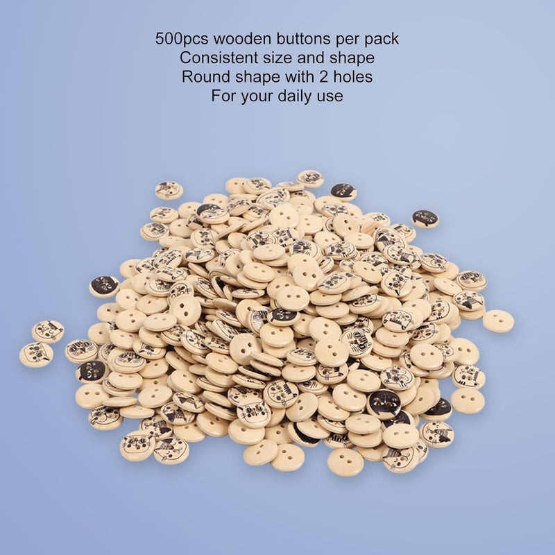 HEEPDD 500Pcs Round Knitting Buttons, Cartoon Wooden Buttons for Kids Crafts, 15mm Pearwood Cat Design Suitable for Cardigans and Bags 500Pcs Round Knitting, Assorted Nan (Original Color Black Line - Image 3