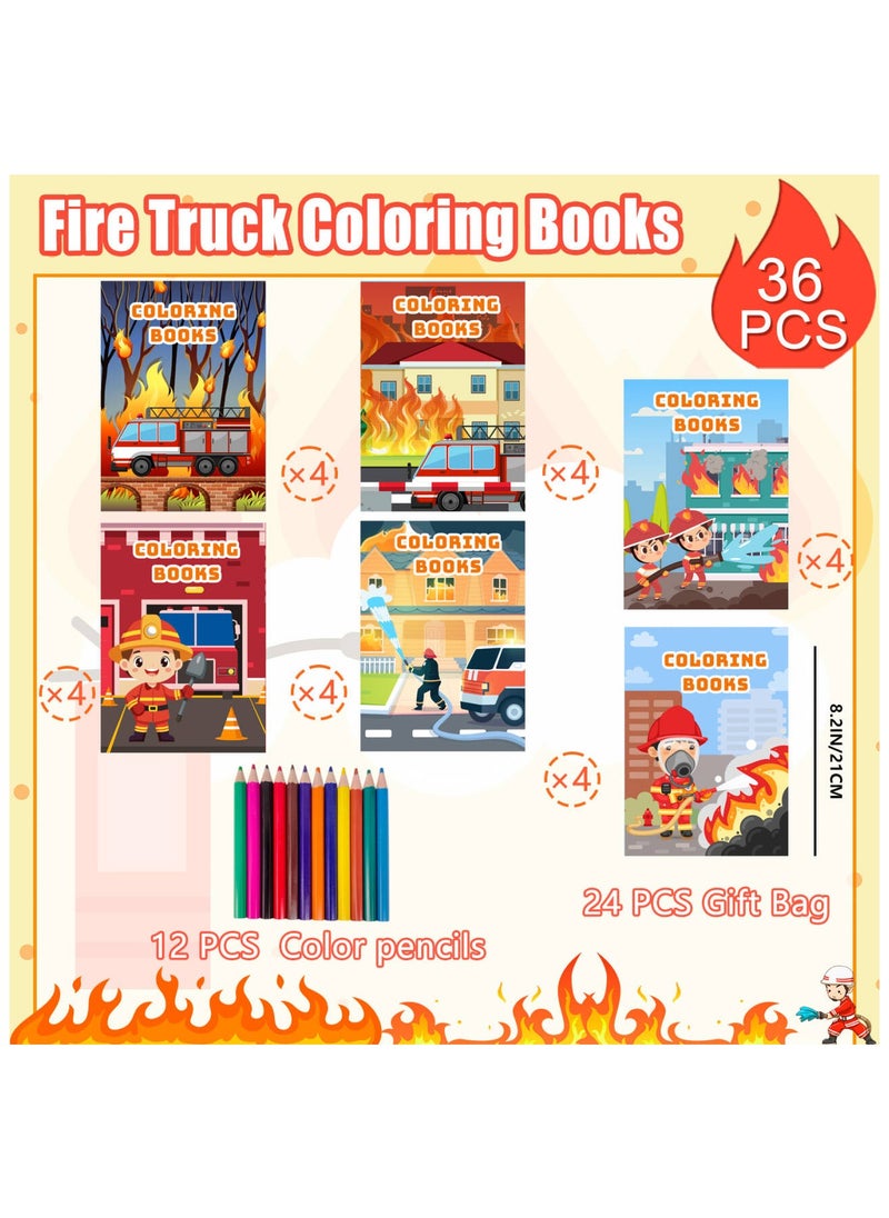 FRUITFUL PARTY - Fire Truck Coloring Book, 24 Pcs Fire Fighter Coloring Book/Firetruck Coloring Book for Kids/Fireman Coloring Book & 12 Pcs Firefighter Party Color Pencils for Fire Truck Birthday Decorations Favors - Image 1