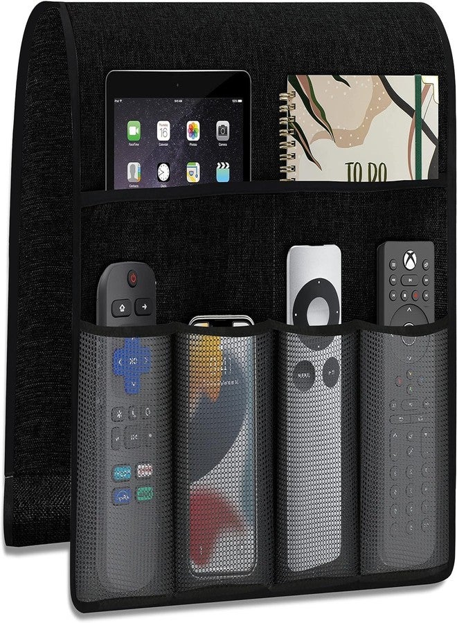 DHARMATMAJ New Sofa Caddy Organizer Remote Control Holder for Couch Cotton Non Slip Armrest Chair Caddy with 6 Grey Mesh Pocket Newspaper Storage for Tablet Phone Magazine (Black) - Image 1