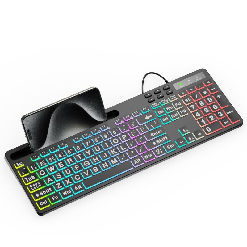 MARVO Large Print Backlit Keyboard, WK712 Wired Computer Keyboards with 7 Colors & 11 Modes Backlight, Tablet Phone Holder and Quiet Light Up Keys, Full-Size Gaming Keyboard for Windows, Mac - Image 1
