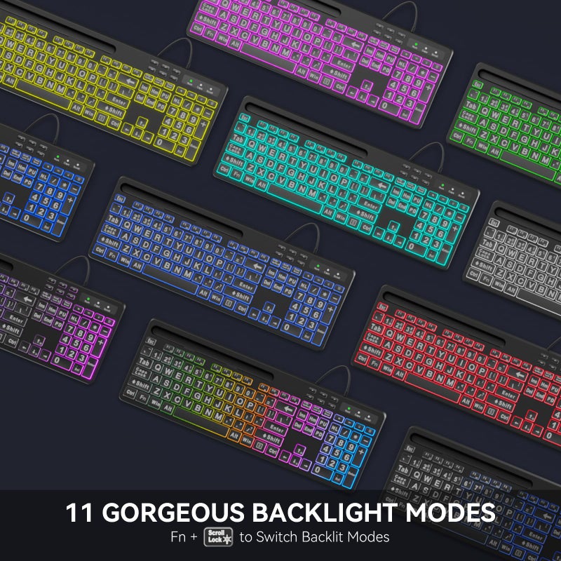 MARVO Large Print Backlit Keyboard, WK712 Wired Computer Keyboards with 7 Colors & 11 Modes Backlight, Tablet Phone Holder and Quiet Light Up Keys, Full-Size Gaming Keyboard for Windows, Mac - Image 4