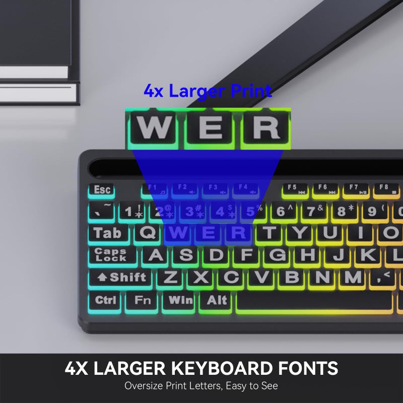 MARVO Large Print Backlit Keyboard, WK712 Wired Computer Keyboards with 7 Colors & 11 Modes Backlight, Tablet Phone Holder and Quiet Light Up Keys, Full-Size Gaming Keyboard for Windows, Mac - Image 2