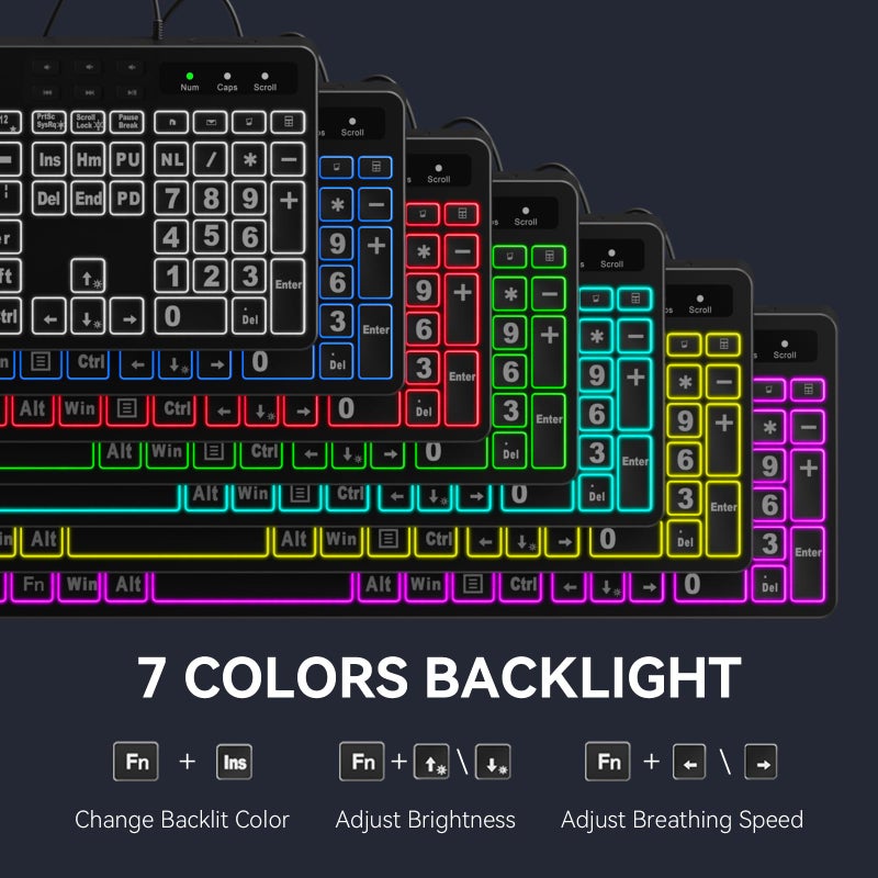 MARVO Large Print Backlit Keyboard, WK712 Wired Computer Keyboards with 7 Colors & 11 Modes Backlight, Tablet Phone Holder and Quiet Light Up Keys, Full-Size Gaming Keyboard for Windows, Mac - Image 3