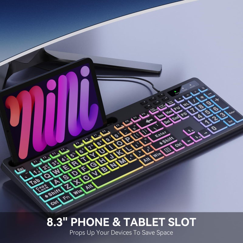 MARVO Large Print Backlit Keyboard, WK712 Wired Computer Keyboards with 7 Colors & 11 Modes Backlight, Tablet Phone Holder and Quiet Light Up Keys, Full-Size Gaming Keyboard for Windows, Mac - Image 5