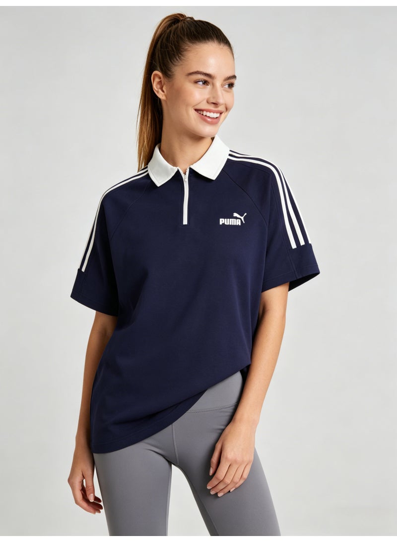 بوما PUMA Women’s Quarter-Zip 3-Stripes Polo Shirt, Navy Blue with White Accents - Image 2