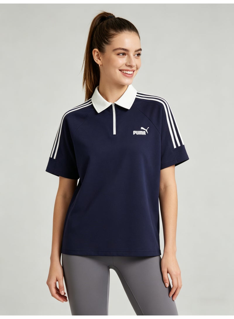 بوما PUMA Women’s Quarter-Zip 3-Stripes Polo Shirt, Navy Blue with White Accents - Image 1