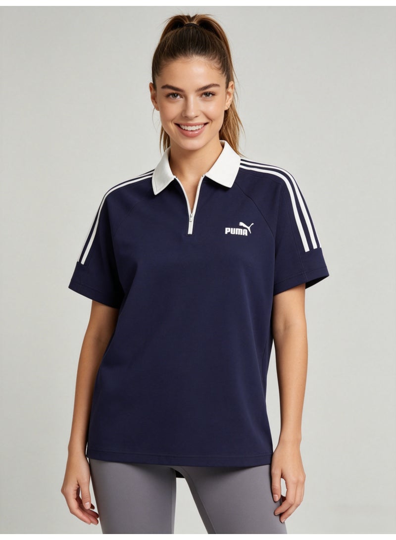 بوما PUMA Women’s Quarter-Zip 3-Stripes Polo Shirt, Navy Blue with White Accents - Image 4