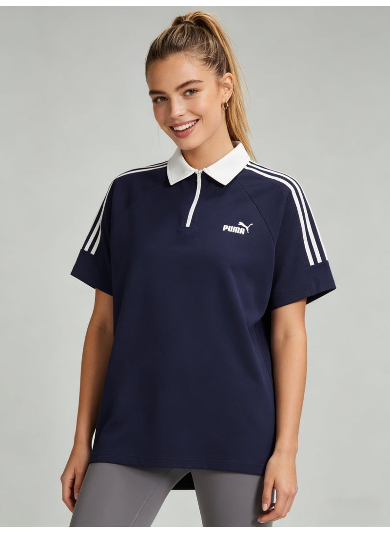 بوما PUMA Women’s Quarter-Zip 3-Stripes Polo Shirt, Navy Blue with White Accents - Image 3