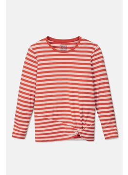 Tchibo Kids Girl Crew Neck Stripe Long Sleeve Top, Orange  - Image 3