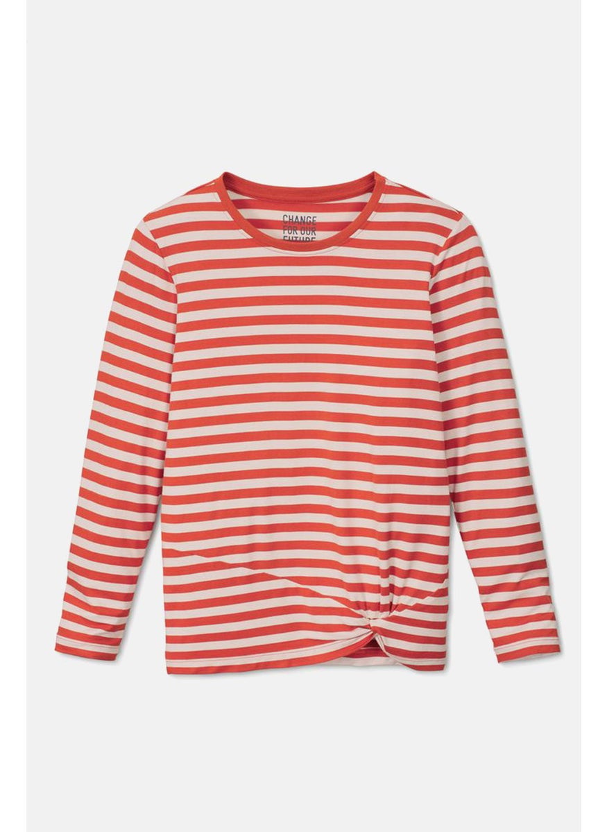 Tchibo Kids Girl Crew Neck Stripe Long Sleeve Top, Orange  - Image 3