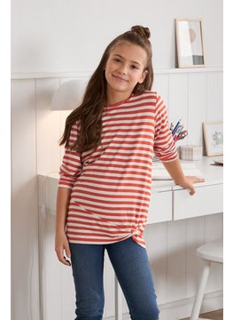 Tchibo Kids Girl Crew Neck Stripe Long Sleeve Top, Orange  - Image 1