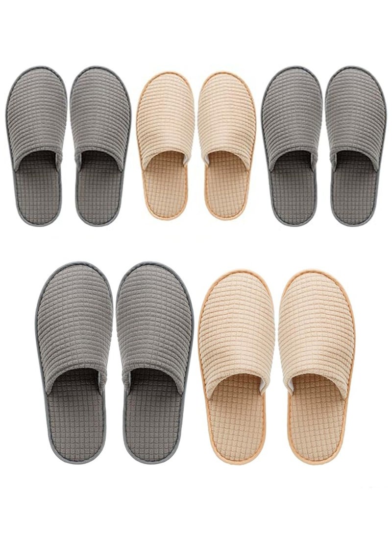 KCDMBUE 5 Pairs Disposable Closed Toe Spa Slippers, Washable Coral Fleece Guest Slippers for Women and Men, Ideal for Home, Hotels, Housewarming, Travel & Indoor Use (3 Grey + 2 beige) - Image 1
