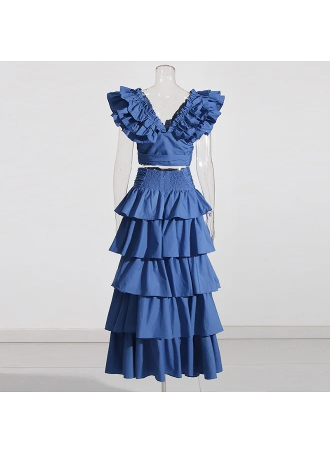Madam Uniq French Vintage Elegant Set with Layered Lace Sleeve Top and Ruffled Hem Skirt for Women