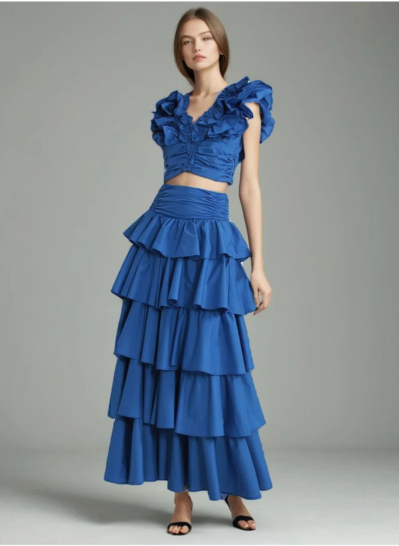 Madam Uniq French Vintage Elegant Set with Layered Lace Sleeve Top and Ruffled Hem Skirt for Women