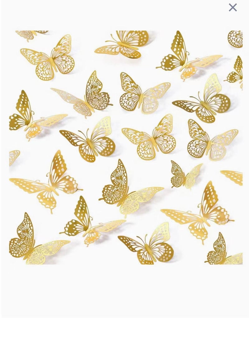 GROWSTEADY ديكور حائط على شكل فراشة ثلاثي الأبعاد 48 قطعة 4 أنماط 3 مقاسات ملصق جداري معدني قابل للإزالة لغرفة نوم الأطفال وغرفة الأطفال والفصول الدراسية ديكور الحفلات ديكور الزفاف DIY هدية ذهبية - Image 1