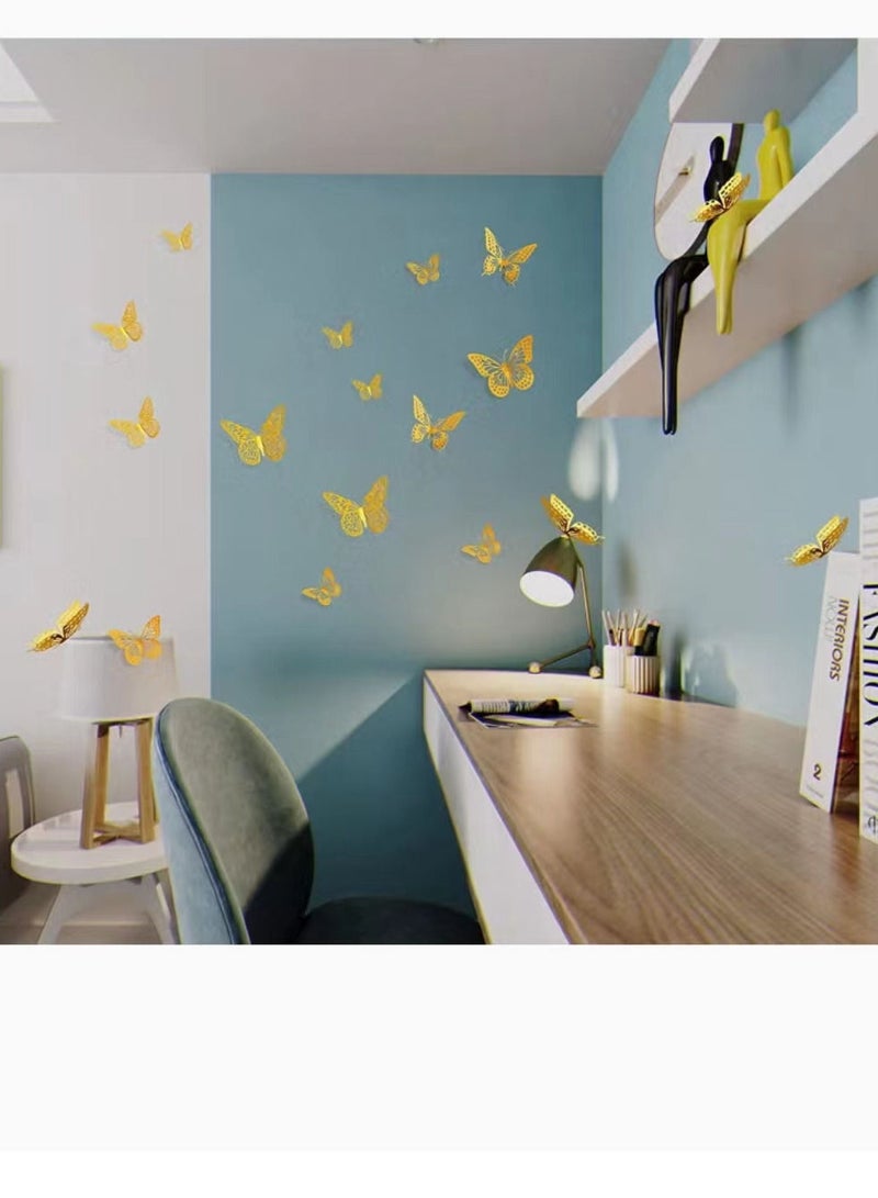 GROWSTEADY ديكور حائط على شكل فراشة ثلاثي الأبعاد 48 قطعة 4 أنماط 3 مقاسات ملصق جداري معدني قابل للإزالة لغرفة نوم الأطفال وغرفة الأطفال والفصول الدراسية ديكور الحفلات ديكور الزفاف DIY هدية ذهبية - Image 4