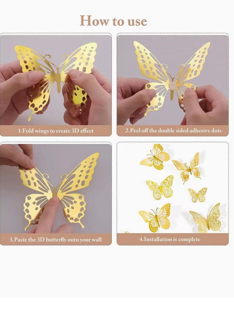 GROWSTEADY ديكور حائط على شكل فراشة ثلاثي الأبعاد 48 قطعة 4 أنماط 3 مقاسات ملصق جداري معدني قابل للإزالة لغرفة نوم الأطفال وغرفة الأطفال والفصول الدراسية ديكور الحفلات ديكور الزفاف DIY هدية ذهبية - Image 3