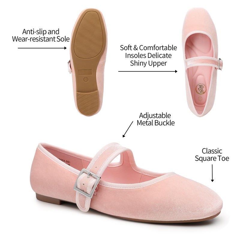Trary Women's Pink Ballet Flats,Square Toe Velvet Mary Jane Shoes Women,Comfortable Dress Shoes for Women Dressy,Size 7 - Image 4