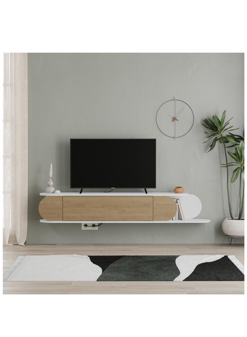 موراه حامل تلفزيون عائم عصري من موراه هوم تون، مناسب لأجهزة التلفزيون حتى 65 بوصة | بابان للتخزين | وحدة تحكم تلفزيون مع مساحتي تخزين | 180×29.6×30 سم | أبيض - بلوط - Image 1