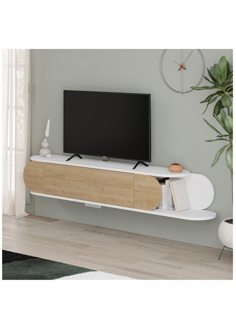 موراه حامل تلفزيون عائم عصري من موراه هوم تون، مناسب لأجهزة التلفزيون حتى 65 بوصة | بابان للتخزين | وحدة تحكم تلفزيون مع مساحتي تخزين | 180×29.6×30 سم | أبيض - بلوط - Image 2