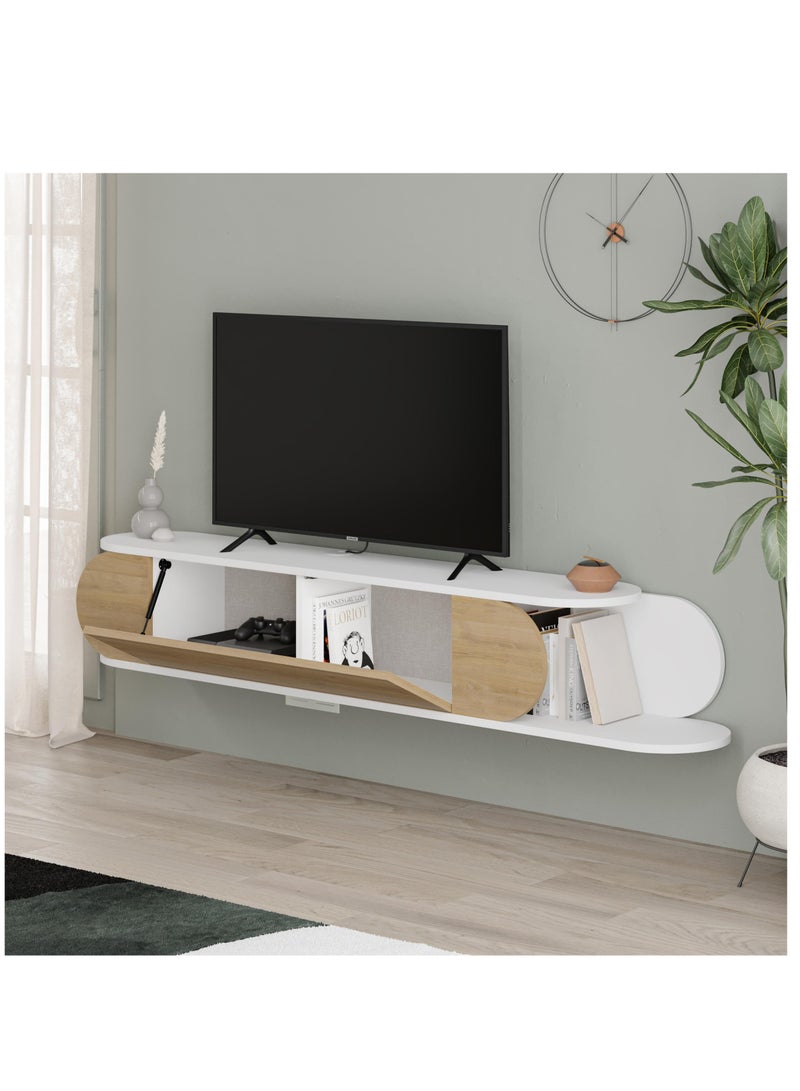 موراه حامل تلفزيون عائم عصري من موراه هوم تون، مناسب لأجهزة التلفزيون حتى 65 بوصة | بابان للتخزين | وحدة تحكم تلفزيون مع مساحتي تخزين | 180×29.6×30 سم | أبيض - بلوط - Image 3