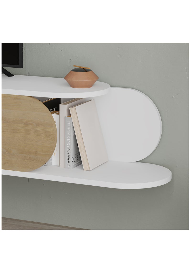 موراه حامل تلفزيون عائم عصري من موراه هوم تون، مناسب لأجهزة التلفزيون حتى 65 بوصة | بابان للتخزين | وحدة تحكم تلفزيون مع مساحتي تخزين | 180×29.6×30 سم | أبيض - بلوط - Image 4