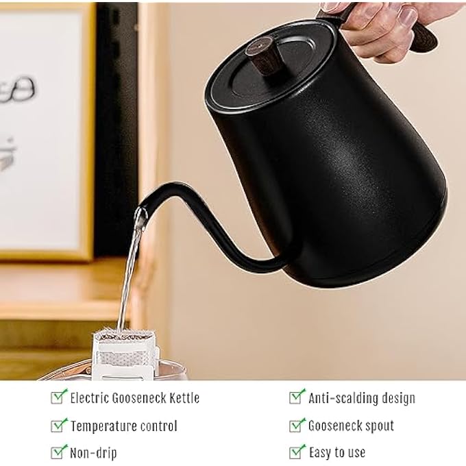 Unity Gooseneck Electric Kettle 08L Stainless Steel Coffee And Tea Pot With Automatic Temperature Control 1000W Fast Heating AWood Black - Image 5