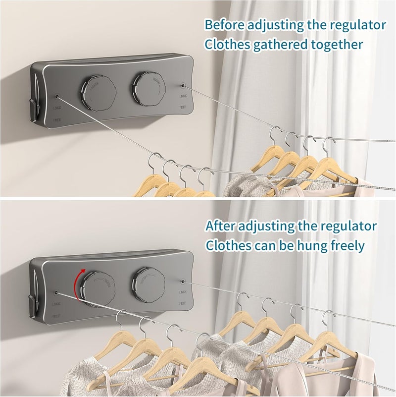 JOOM Retractable Clothesline Heavy Duty Clothes Drying Laundry Line Wall Mounted Easy Hanging Clothes Drying Laundry Line Retracting Hanging Lock to Prevent Sagging (Two line,Grey) - Image 4