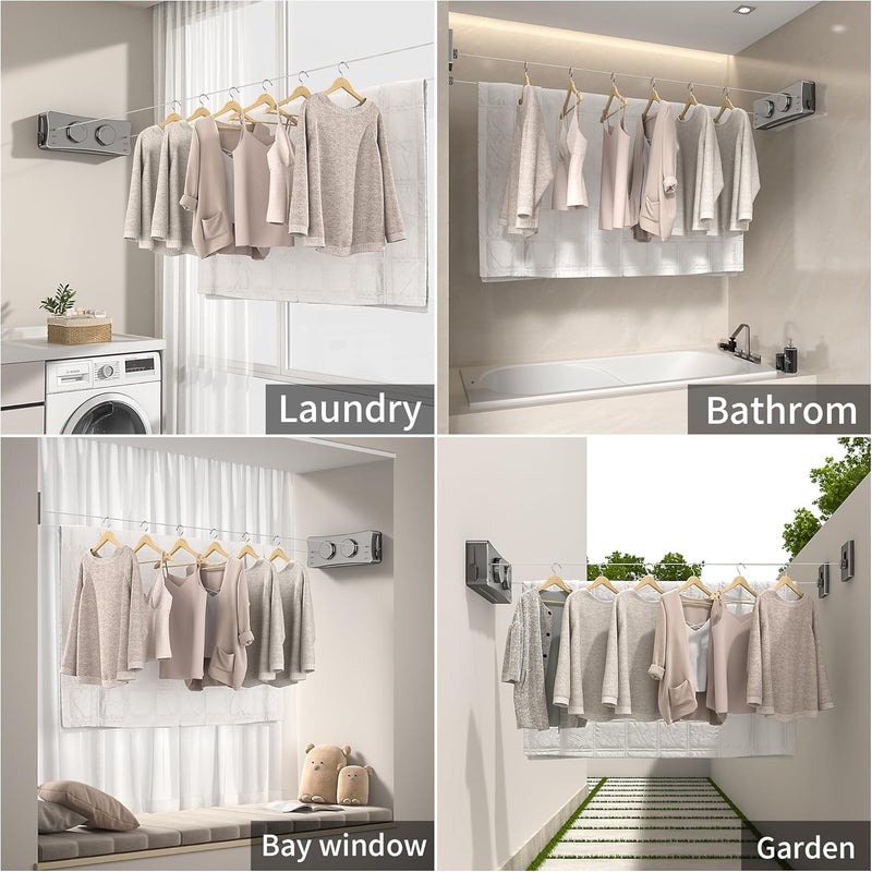 JOOM Retractable Clothesline Heavy Duty Clothes Drying Laundry Line Wall Mounted Easy Hanging Clothes Drying Laundry Line Retracting Hanging Lock to Prevent Sagging (Two line,Grey) - Image 5