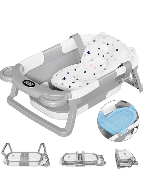 Collapsible Baby Bathtub for Newborn with Thermometer & 1 Soft Floating Cushion Portable Travel Bathtub with Drain Hole Durable Foldable Baby Tubs for Infants to Toddler