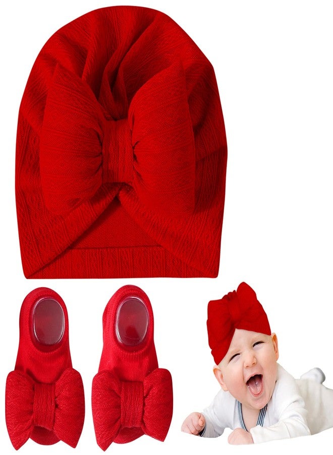 Kunyeah Newborn Baby Girls Hat Knitted Socks Set Infant Beanie Cap Baby Hospital Hats Toddler Soft Warm Cap for 0-12 Months (US, Alpha, One Size, Red) - Image 1