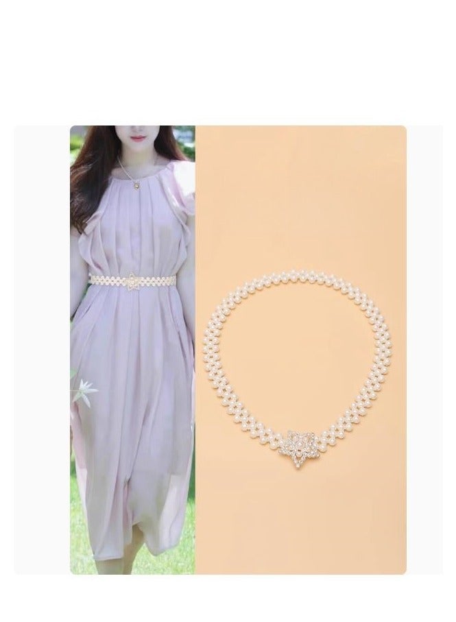 Pearl Woven Versatile Elastic Waistband Decorative Dress  - Image 3