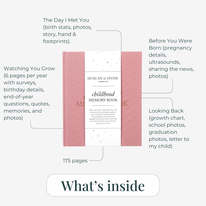 DUNCAN & STONE PAPER CO. Childhood Memory Book - Elegant Child Memory Book from Pregnancy to Age 18 W/Prompts, Space for Photos & More - Baby Journal (175 Pages, Dusty Rose) - Image 4