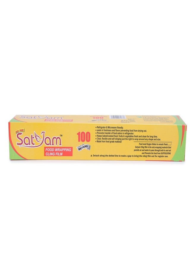 SATYAM غلاف بلاستيكي من ساتيام، 100 متر، ورق تغليف متعدد الأغراض للطعام، غلاف غذائي، لفة تغليف طعام قابلة للتحلل الحيوي، تخزين وتغليف الطعام للحفاظ على نضارته (عبوة من قطعة واحدة) - Image 2
