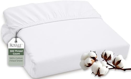 ROYALE LINENS 300 Thread Count 100% Long Staple Combed Cotton Fitted Sheet Full - Super Soft Deep Pocket Bottom Sheet - Fitted Sheets Only - Elastic Sheets (Full, White) - Image 1
