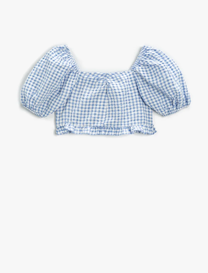 كوتون Crop Tank Top Checked Puff Sleeve