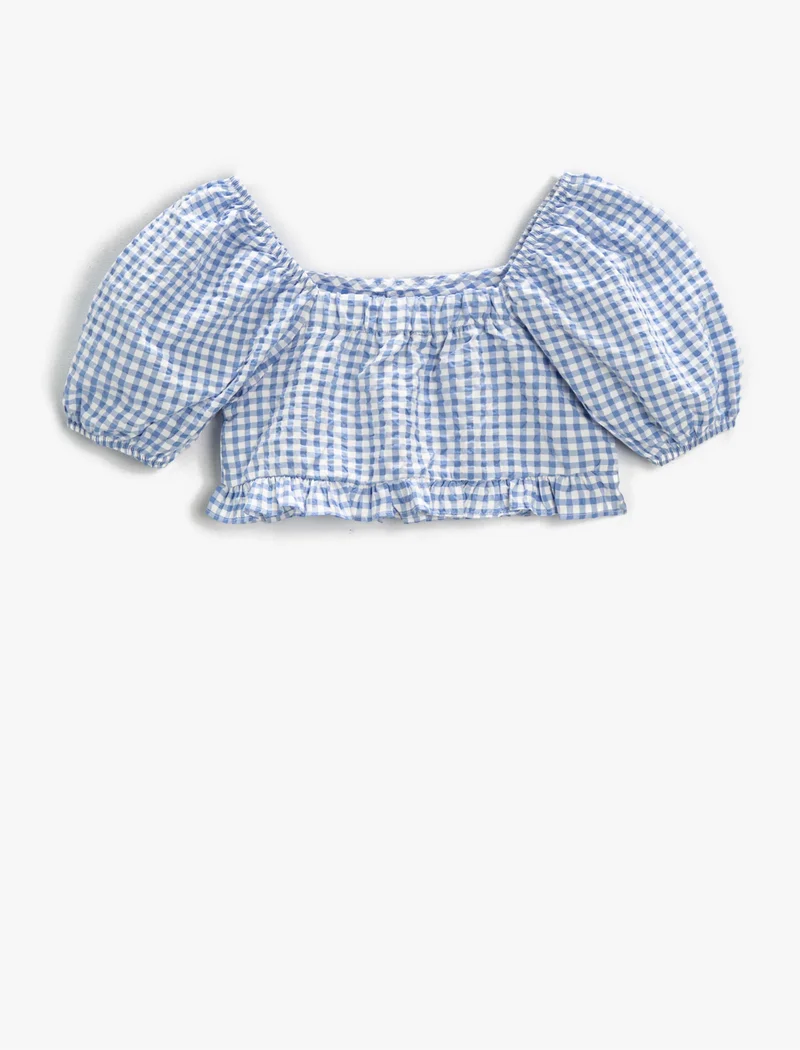 كوتون Crop Tank Top Checked Puff Sleeve