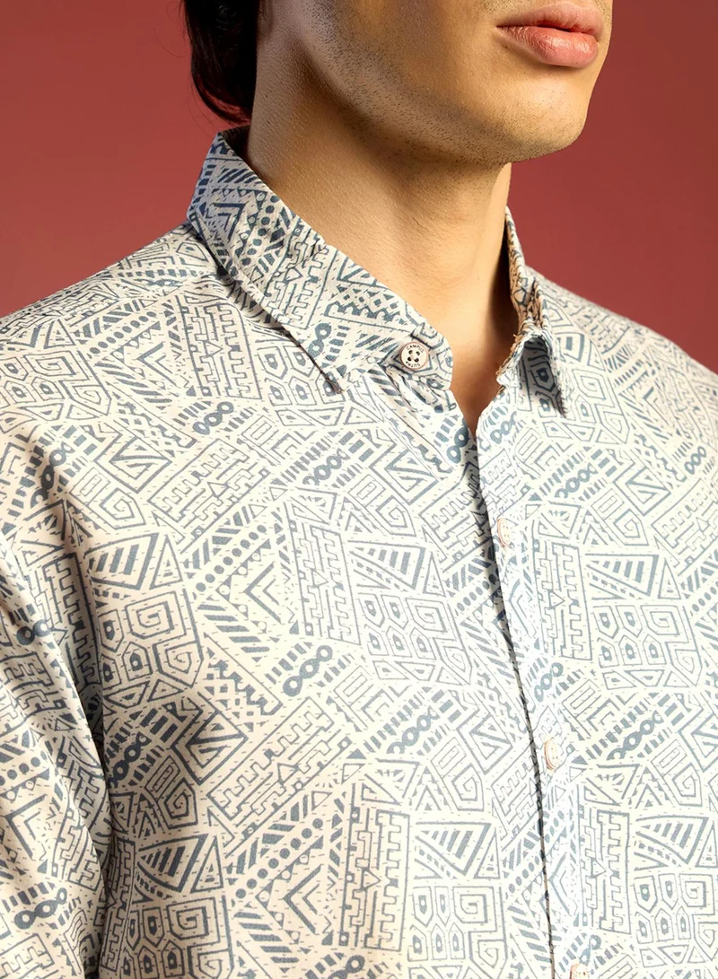كامبوس سوترا Men's Ivory White:Prussian Blue Spiral Block Shirt