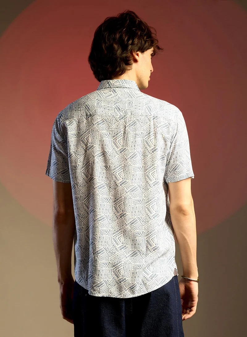 كامبوس سوترا Men's Ivory White:Prussian Blue Spiral Block Shirt