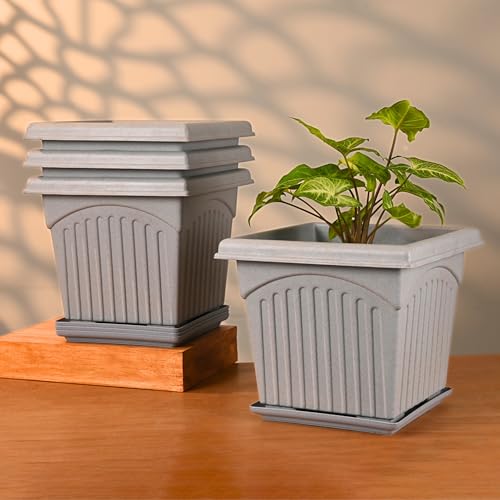 Eha Earth-Friendly 10" Archway Planters with Tray | Set of 4 | Plant Pot Made with Rice Husk Biocomposite | UV Protected | Drainage Hole | Pots for Indoor, Outdoor, Balcony & Garden | Azure - Image 1