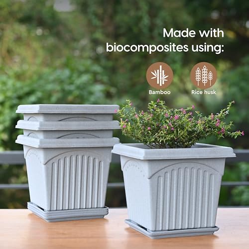 Eha Earth-Friendly 10" Archway Planters with Tray | Set of 4 | Plant Pot Made with Rice Husk Biocomposite | UV Protected | Drainage Hole | Pots for Indoor, Outdoor, Balcony & Garden | Azure - Image 3